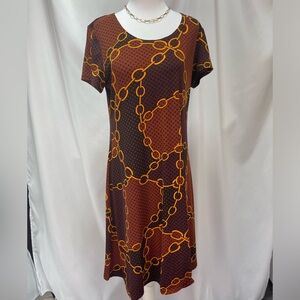 Chain Print Brown polkadot Dress stretchy flowy short sleeve women’s size M